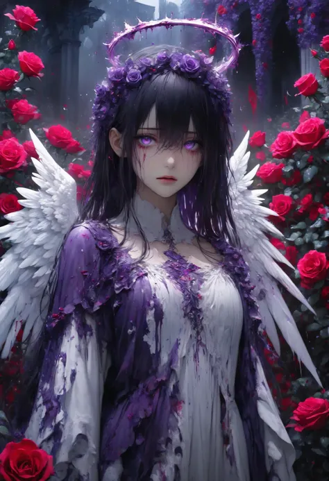 super realism、HYPERREALISTIC 1 GIRL. sharp purple eyes , multicolored eyes , hair between eyes , long side bangs , black hair with fine purple strands, an angel, halo bleeding, white torn angel dress, weeping blood, standing in a royal garden full of rose ...