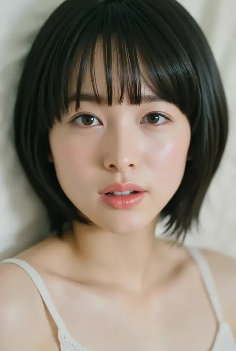 (( of the highest quality )), ((masterpiece)), ( details), first person view ,one girl on her back, petite women, Voluptuous women ,( in the bedroom ),((and open my mouth wide )),((very large breasts, underwear, short bob hair)), black hair wi...