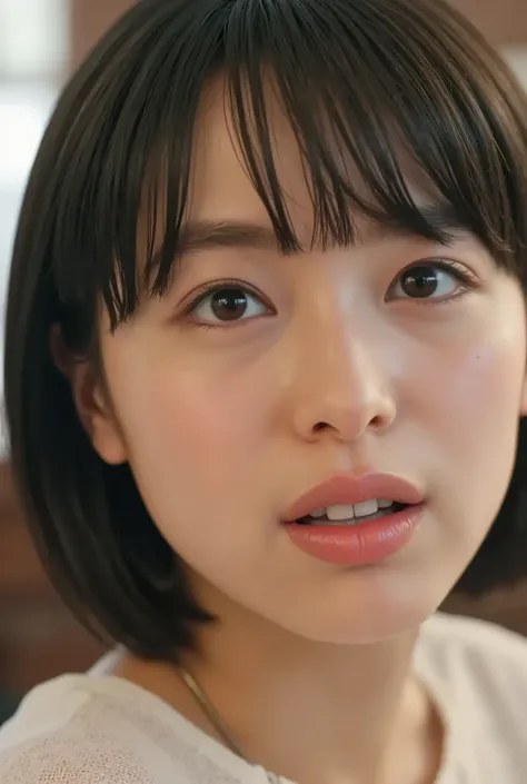(( Best Quality )), ((masterpiece)), ( details), first person view ,one girl on her back, petite women, glamorous women ,( In the bedroom ),((with your mouth wide open )),((Extremely Big Breasts, underwear, short bob)), black hair with a young...