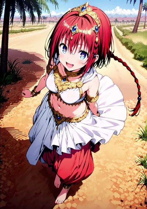 Kurosaki's thing , stupid hair, blue eyes, Single long braid, Hair Intake, hair ornament,red hair,smile,cover,opens her mouth,Medium breast, Harem outfit, White Veil, Arabian clothing,  collar , Mousebale, circlet , harem pants, bare feet,gold trim,  dance...