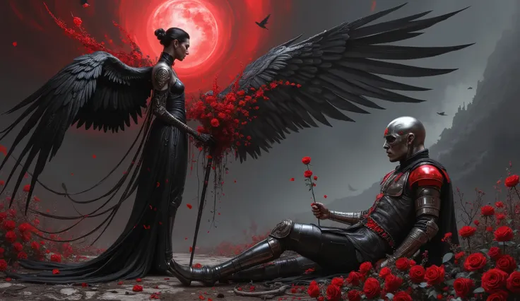 Androgynous angel of death with raven feathers growing from rose stems, offering a single blood-red bloom to a dying knight. Gothic romanticism style with dramatic crimson and black contrast.