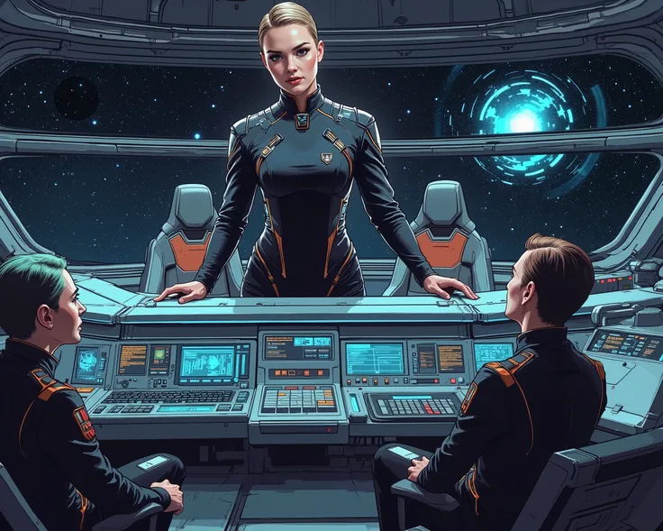 Create a detailed illustration of Captain Elena Egorova on her spaceship's bridge, highlighting her commanding presence and the advanced technology around her. The scene should convey authority, exploration, and the vastness of space.
Key Elements:
1.
Ch...