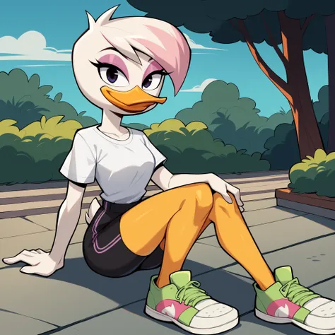 source cartoon, 1girl, female, solo, duck, beak,  lena sabrewing, ducktales, duck, beak, wanting a hug towards viewer, medium chest, white shirt tucked out, white skin, black tight shorts,white hair, pink highlights, short hair, eyeliner, purple eyeshadow,...