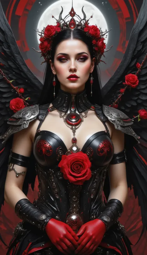 "An angel with black wings intact (Untorn) surrounded by harmless red rose thorns, with moonlight shining on it dramatically. The scene depicts beauty in pain without violence (No wounds, no blood, no sad facial expressions). The style : Gothic romance wi...