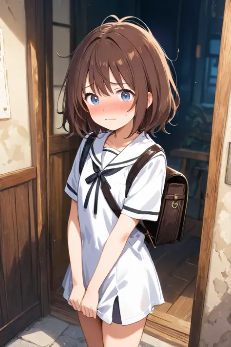 elementary school student Standing with a black satchel bag on his back Dark brown hair medium bob and slightly unkempt blue eyes embarrassed look