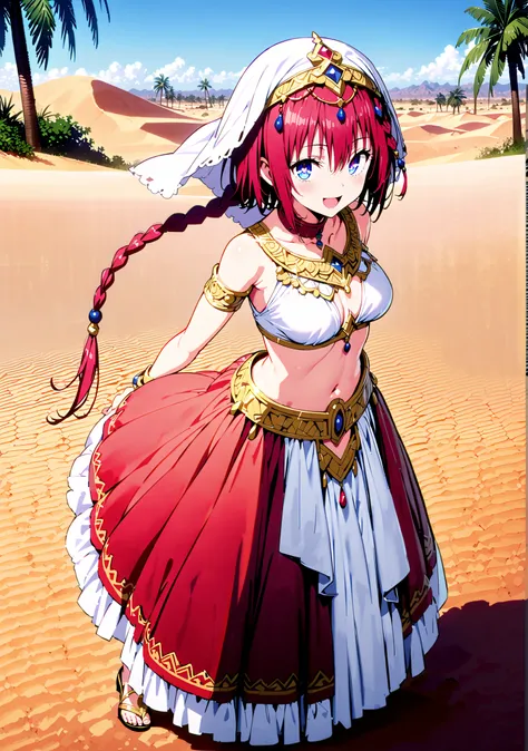 Kurosaki's thing , stupid hair, blue eyes, Single long braid, Hair Intake, hair ornament,red hair,smile,cover,opens her mouth,Medium breast, Harem outfit, White Veil, Arabian clothing,  collar , Mousebale, circlet , harem pants,gold trim,  dancer ,Palm Tre...