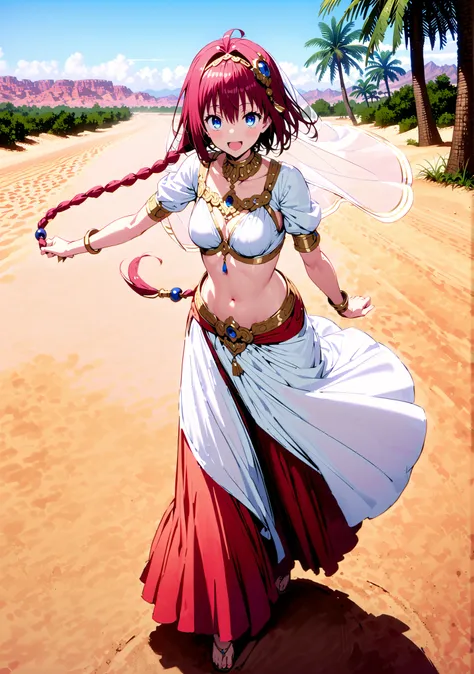 Kurosaki's thing , stupid hair, blue eyes, Single long braid, Hair Intake, hair ornament,red hair,smile,cover,opens her mouth,Medium breast, Harem outfit, White Veil, Arabian clothing,  collar , Mousebale, circlet , harem pants,gold trim,  dancer ,Palm Tre...