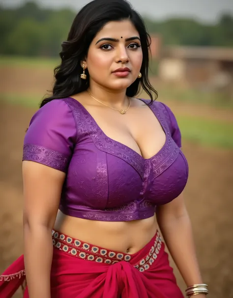 An indian 25 year girl, with big breasts,, fully visible cleavage,standing near a farm with purple embroiderd glittery blouse,visible navel,heavy weight chubby girl,WEARING red saree
