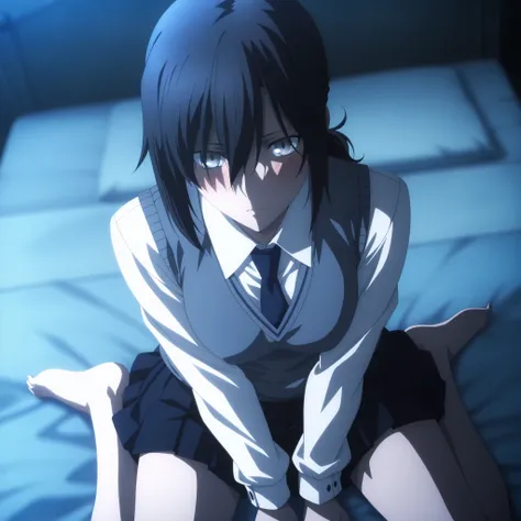 masterpiece, best quality, amazing quality, highres, absurdres, very aesthetic, high resolution, ultra detailed, perfect details, midnight, , upper body, indoors, ufotable style, ((blue hour)), (from above),
1girl, solo, ufotable style, anime style, (...