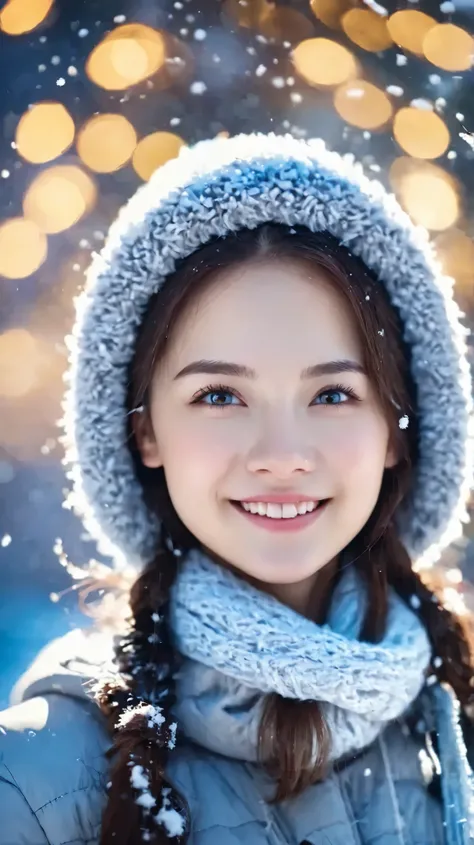  cinematic photo with eyes wide open 1 girl, smile, snow, 35mm Photography, membrane, Bokeh,  Professional, 4K, very detailed