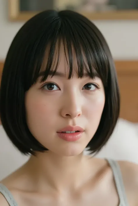 (( of the highest quality )), ((masterpiece)), ( details), First Person View ,girl, petite women, Voluptuous women ,( in the bedroom ),(((very big breasts, underwear, short bob hair))), black hair , (( without makeup, small eyes))