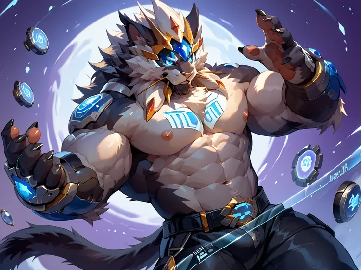 (solo), anthro male, feline, solgaleo, bara, blue glowing eyes, shirtless, cybernetic left arm, pants with straps, tail, detailed fluffy fur, black body, muscular, whiskers, sparkly, straps on chest, decorative tail accessory, dynamic angle, holding hologr...