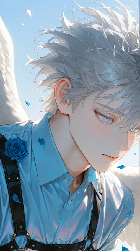 8k, 아름다운 masterpiece, 32 year old male , handsome, messy hair, Two block perm hair, light gray hair , 1 man , male-centered, handsome man, Thick painted, sky blue eyes, Perfect Eyes ,semi-realistic art , semi-realistic art style, looking straight ahead,...