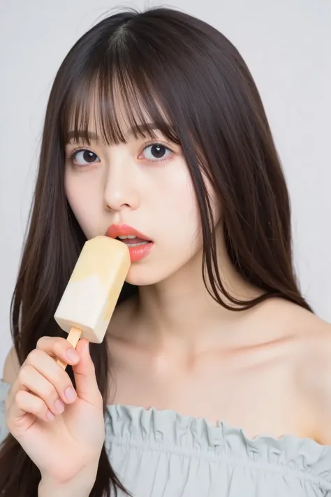 A high resolution photograph of a Japanese woman in off-shoulder sundress with sensual face viewed from the side, close-up of face. Her hairstyle is straight long black hair with blunt bangs. She has a tiny breasts and pale skin. She's holding a cylindrica...