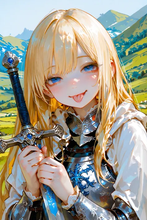 masterpiece, best quality, Detailed Eyes, clear color, girl, fantasy, clumsy, cute face, 8k, semi realistic, medieval armor, blonde long hair, blue eye, white cape, two handed sword on her back, hill background, smile, looking at viewer, blurshed, :P face,...