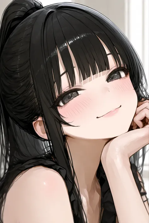 girl、black hair、ponytail、straight hair、straight bangs、Heavy bangs、smile