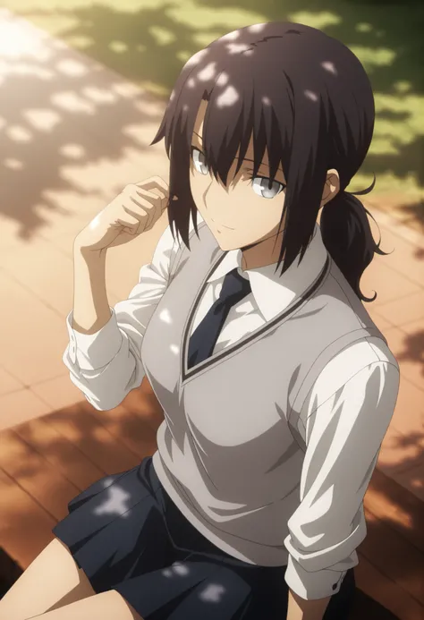 masterpiece, best quality, amazing quality, highres, absurdres, very aesthetic, high resolution, ultra detailed, perfect details, day, upper body, outdoors, ufotable style, (dappled sunlight), backlight, , ((from above, from back)), upper body,
1girl, so...