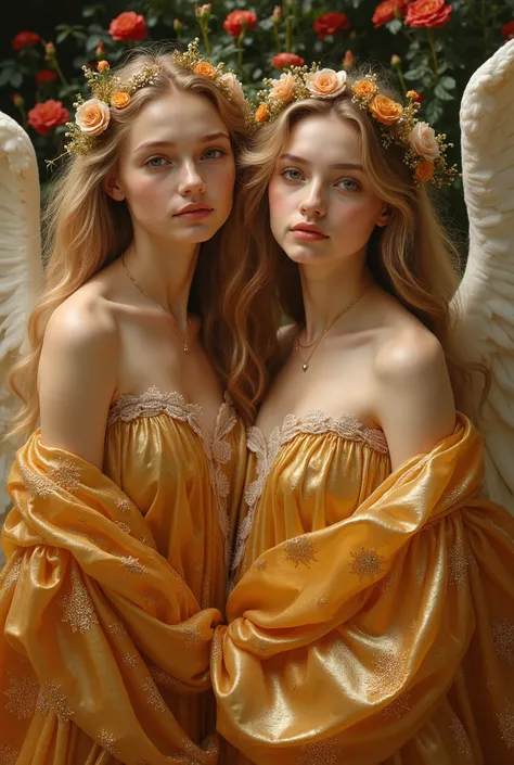 Raphael style, beautiful angels, wearing shining golden robe, looking camera, A lot of rose petals fall