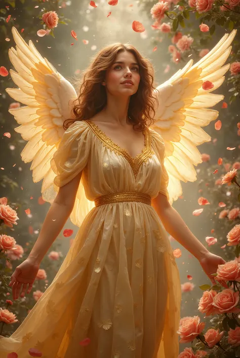 Raphael style, beautiful angel, wearing shining golden robe, looking camera, A lot of rose petals fall, An angel blows away the petals