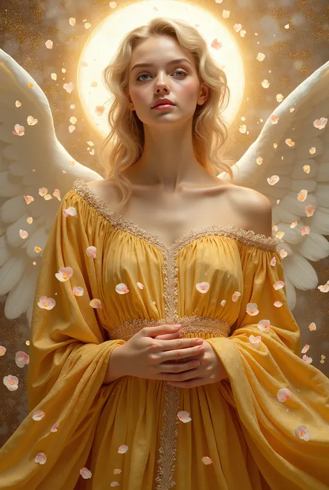 Raphael style painting, beautiful angel, wearing shining golden robe, looking camera, A lot of rose petals fall, Petals fly from an angel's mouth