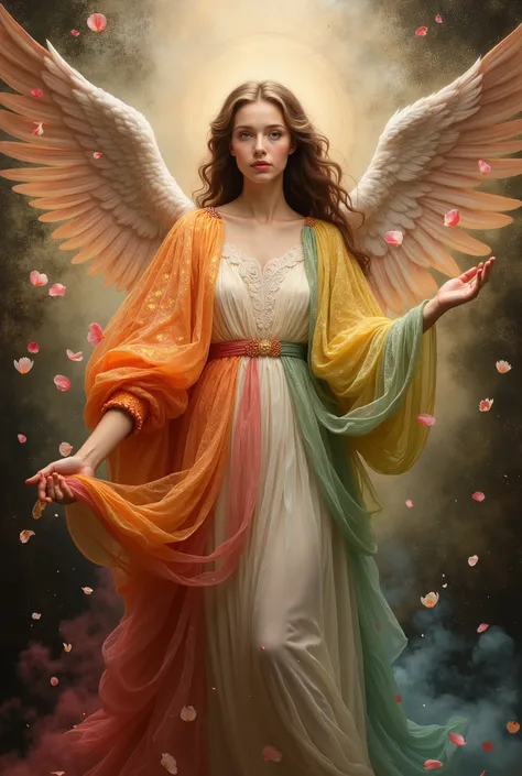 Tempera painting by Raphael style, beautiful angel, wearing shining rainbow color robe, looking camera, A lot of rose petals fall, Petals Fly in Angel's Breath