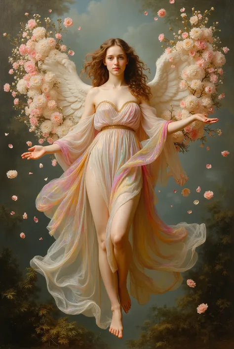 Tempera painting by Botticelli, beautiful angel, wearing shining rainbow color robe, looking camera, A lot of rose petals fall, Petals Fly in Angel's Breath