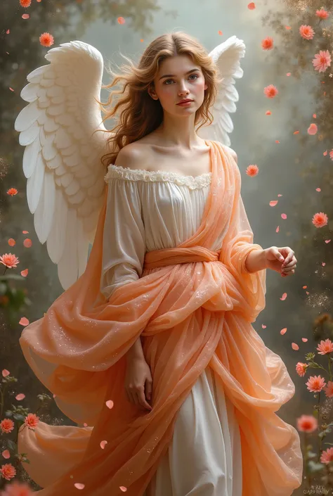 Painting of Raphael style, beautiful angel, wearing shining color robe, looking camera, A lot of rose petals fall, Petals Fly in Angel's Breath