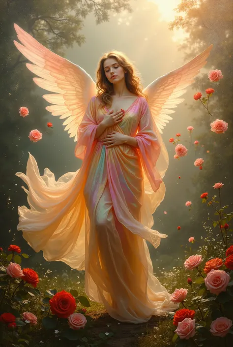 Painting of Raphael style, beautiful angel, wearing shining color robe, dawn, Many roses fly with an angel's breath
