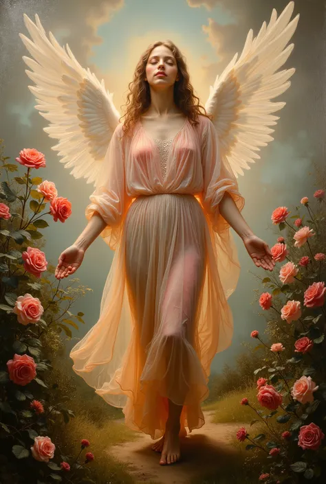 Painting of Raphael style, beautiful angel, wearing shining color robe, dawn, Many roses fly with an angel's breath