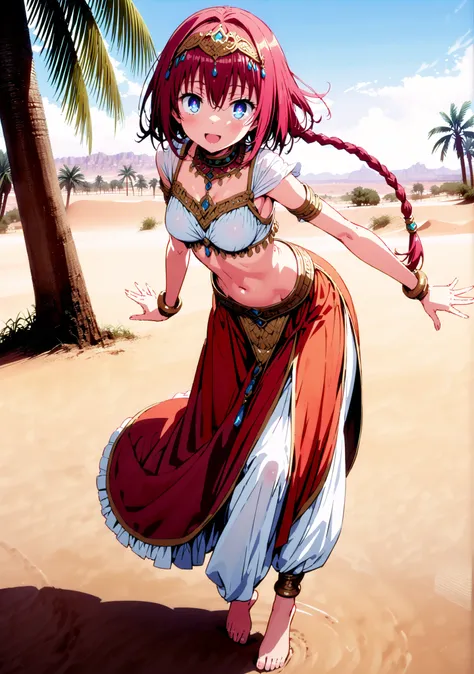 Kurosaki's thing , stupid hair, blue eyes, Single long braid, Hair Intake, hair ornament,red hair,smile,cover,opens her mouth,Medium breast, Harem outfit, White Veil, Arabian clothing,  collar , Mousebale, circlet , harem pants, bare feet,gold trim,  dance...