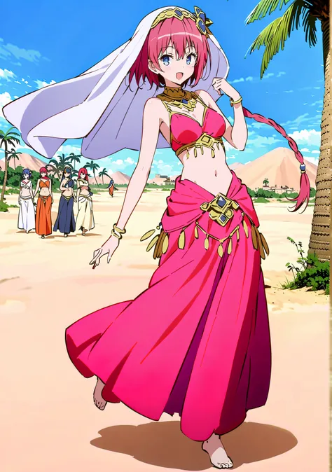 score_9, score_8_up, score_7_up, source_anime, Kurosaki's thing , stupid hair, blue eyes, Single long braid, Hair Intake, hair ornament,red hair,smile,cover,opens her mouth,Medium breast, Harem outfit, White Veil, Arabian clothing,  collar , Mousebale, cir...