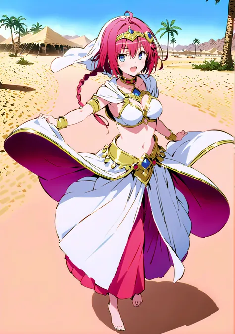 score_9, score_8_up, score_7_up, source_anime, Kurosaki's thing , stupid hair, blue eyes, Single long braid, Hair Intake, hair ornament,red hair,smile,cover,opens her mouth,Medium breast, Harem outfit, White Veil, Arabian clothing,  collar , Mousebale, cir...