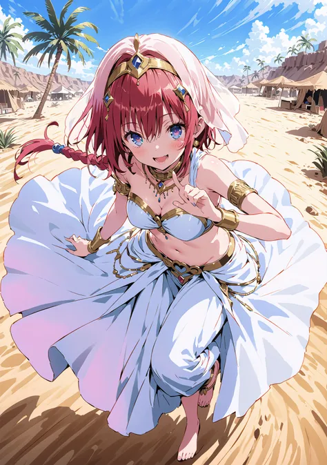score_9, score_8_up, score_7_up, source_anime, Kurosaki's thing , stupid hair, blue eyes, Single long braid, Hair Intake, hair ornament,red hair,smile,cover,opens her mouth,Medium breast, Harem outfit, White Veil, Arabian clothing,  collar , Mousebale, cir...