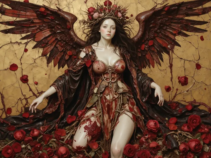 ((beautiful angel Spread wings)),like sculpture skin,melancholy,(fashion portrait,famous pose,dynamic pose),((wearing  winered liquid robe and crown of thorns:1.3)),heavy crack and damaged Sculpture skin,show inside anatomical bloody gore body,spread arms,...
