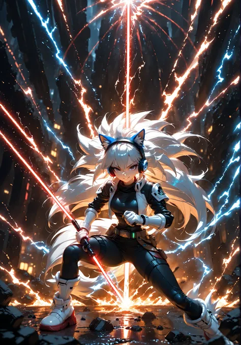 ((Super sonic female version the hedgehog)) wearing Star wars Jedi outfit, badass anime 8 k, epic anime style, art of ((silverfox)), anime style 4 k, White lightning anime art wallpaper 8 k, holding a lightsabre. splash art, red lightsaber wallpaper, sonic...