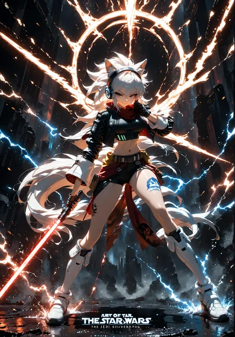 ((Super sonic female version the hedgehog)) wearing Star wars Jedi outfit, badass anime 8 k, epic anime style, art of ((silverfox)), anime style 4 k, White lightning anime art wallpaper 8 k, holding a lightsabre. splash art, red lightsaber wallpaper, sonic...