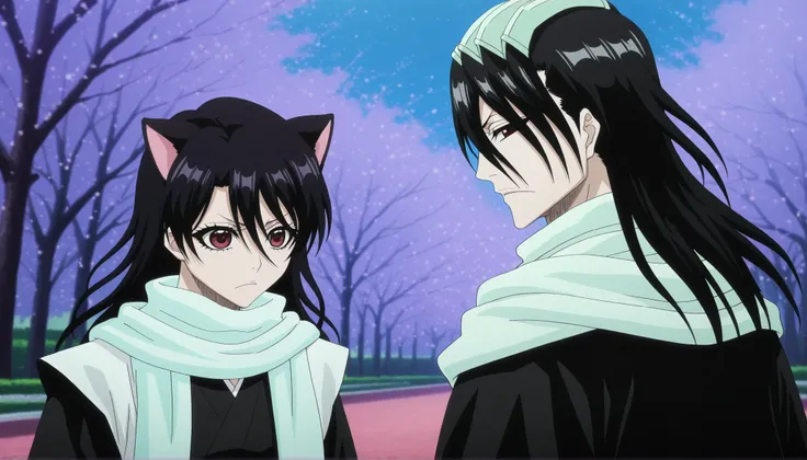 a dark stage in a park where Byakuya Kuchiki is seen , with his shinigami costume,  white scarf , Observe a girl with long black hair with cat ears and red eyes,