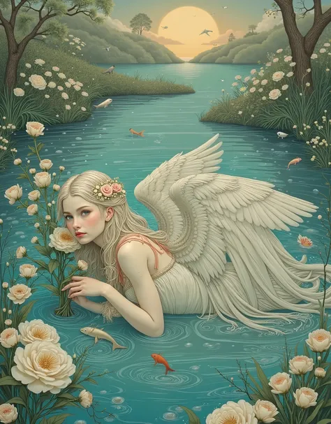 A beautiful white-winged angel lies horizontally in the water, among a multitude of snow-white roses, top view, large, beautiful light green eyes, long eyelashes, open mouth, delicate blush on pale skin, arms crossed over his chest, a branch of a beautiful...