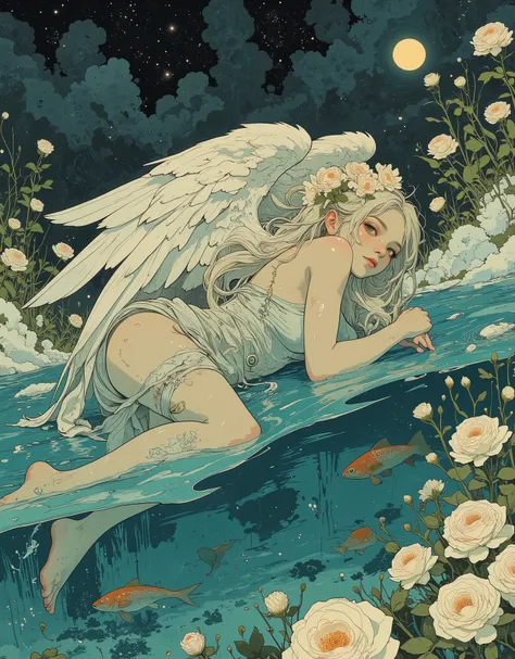 A beautiful white-winged angel lies horizontally in the water, among a multitude of snow-white roses, top view, large, beautiful light green eyes, long eyelashes, open mouth, delicate blush on pale skin, arms crossed over his chest, a branch of a beautiful...