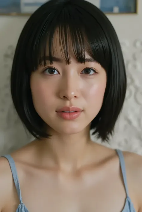 (( of the highest quality )), ((masterpiece)), ( details), First Person View ,girl, petite women, Voluptuous women ,( in the bedroom ),(((very big breasts, sexy underwear, short bob hair))), black hair , (( without makeup, small eyes))