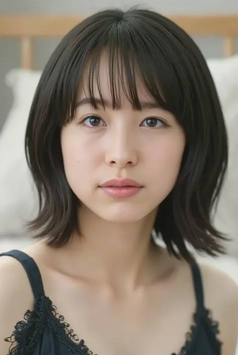 (( of the highest quality )), ((masterpiece)), ( details), First Person View ,girl, petite women, Voluptuous women ,( in the bedroom ),(((very big breasts, sexy underwear, short bob hair))), black hair , (( without makeup, small eyes))