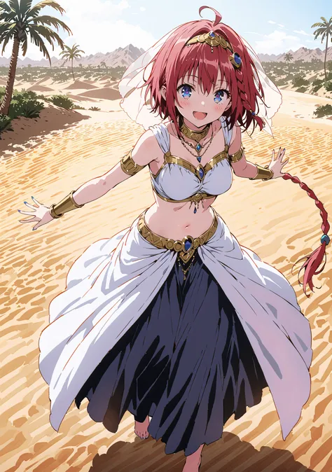 score_9, score_8_up, score_7_up, source_anime, Kurosaki's thing , stupid hair, blue eyes, Single long braid, Hair Intake, hair ornament,red hair,smile,cover,opens her mouth,Medium breast, Harem outfit, White Veil, Arabian clothing,  collar , Mousebale, cir...