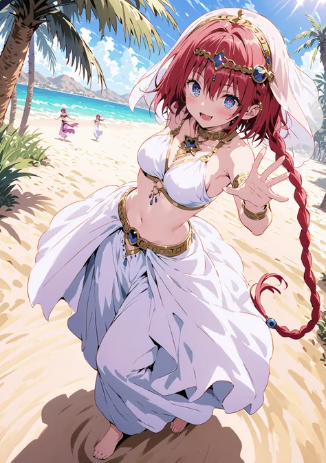 score_9, score_8_up, score_7_up, source_anime, Kurosaki's thing , stupid hair, blue eyes, Single long braid, Hair Intake, hair ornament,red hair,smile,cover,opens her mouth,Medium breast, Harem outfit, White Veil, Arabian clothing,  collar , Mousebale, cir...