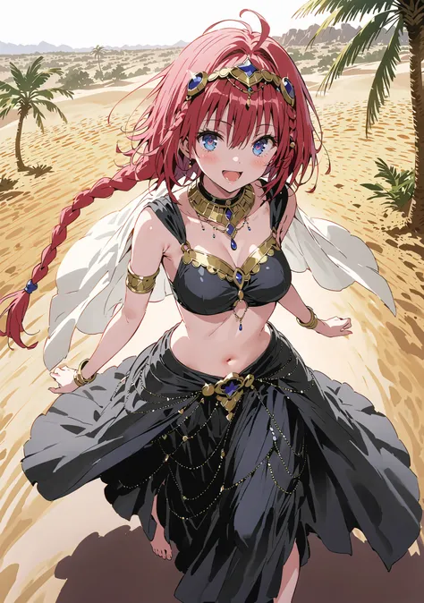score_9, score_8_up, score_7_up, source_anime, Kurosaki's thing , stupid hair, blue eyes, Single long braid, Hair Intake, hair ornament,red hair,smile,cover,opens her mouth,Medium breast, Harem outfit, White Veil, Arabian clothing,  collar , Mousebale, cir...