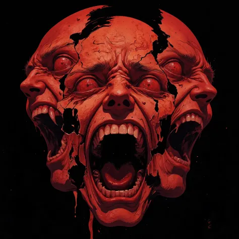A mad-screaming face with two half fractured faces on each side. Red tones, madness.
(hyperdetailed), (Super detailed), UHD.