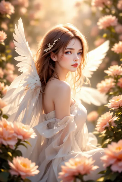 A divine angel with delicate, feathery wings, gracefully sitting among a sea of blooming roses. The angel has a serene expression, wearing a flowing white silk gown that softly reflects the golden sunlight. The petals of the roses are gently illuminated, c...