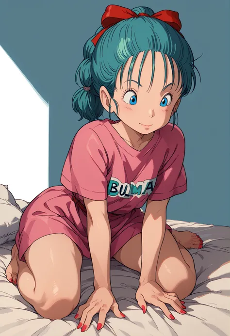 bulma, Aqua Blue Hair, blue eyes, pink dress , barefoot, bed (show legs), (wide hips), wide legs, beautiful face, cara inocente
bed　 view from behind 　 sexy　 crawl on all fours　 ecstatic expression ecstatic expression, (show legs), ((wide hips)), ((wide le...