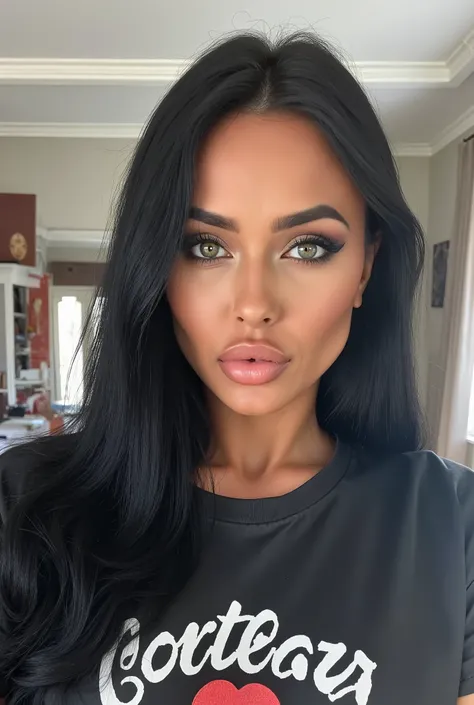 close up portrait of woman, black hair, perfect eyes, crewneck graphic tshirt, little make up, in her living room