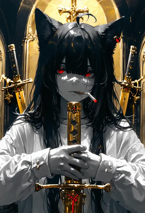Masterpiece,The Best Quality, newer ,Absurds, highres,, a ,sword combat , monochrome,grayscale,((gold-colored swords in the background)), camisa blanca,cigarette ,facial scar,earring,alone ,((cat girl, cat black ears)), (red eyes), (long hair), (( black h...