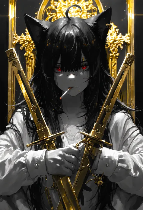 Masterpiece,The Best Quality, newer ,Absurds, highres,, a ,sword combat , monochrome,grayscale,((gold-colored swords in the background)), camisa blanca,cigarette ,facial scar,earring,alone ,((cat girl, cat black ears)), (red eyes), (long hair), (( black h...